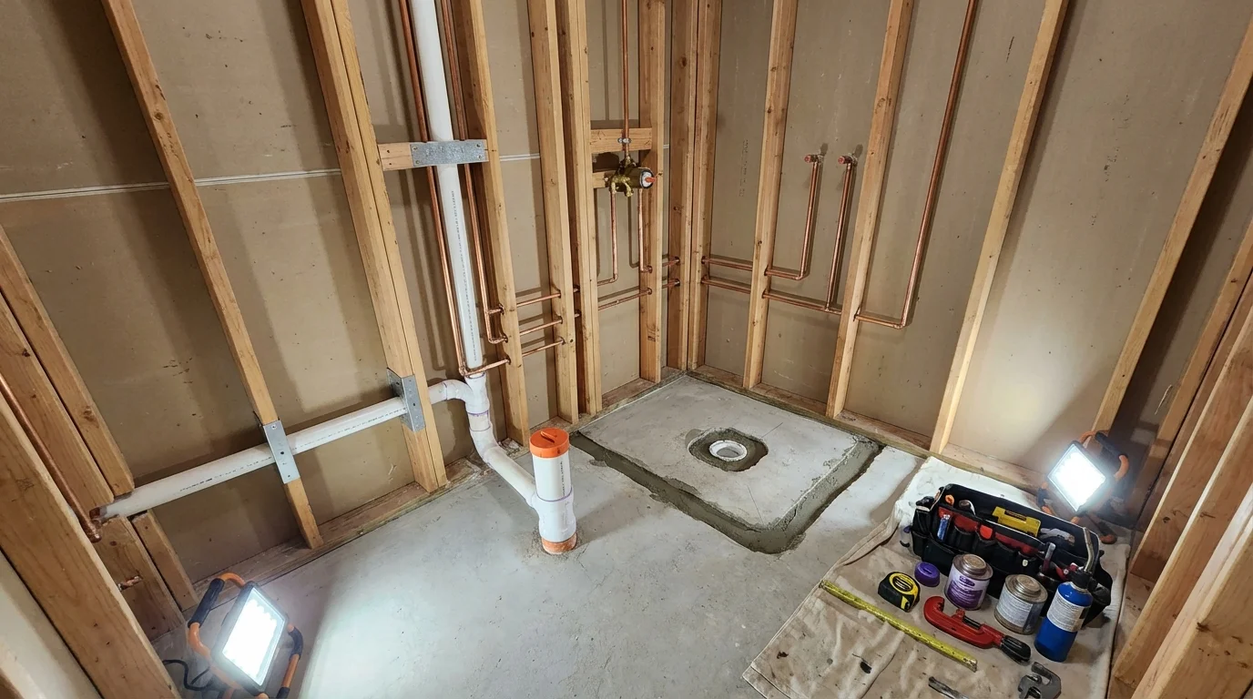 Bathroom rough-in plumbing during remodel by Johns Plumbing LLC in Lee