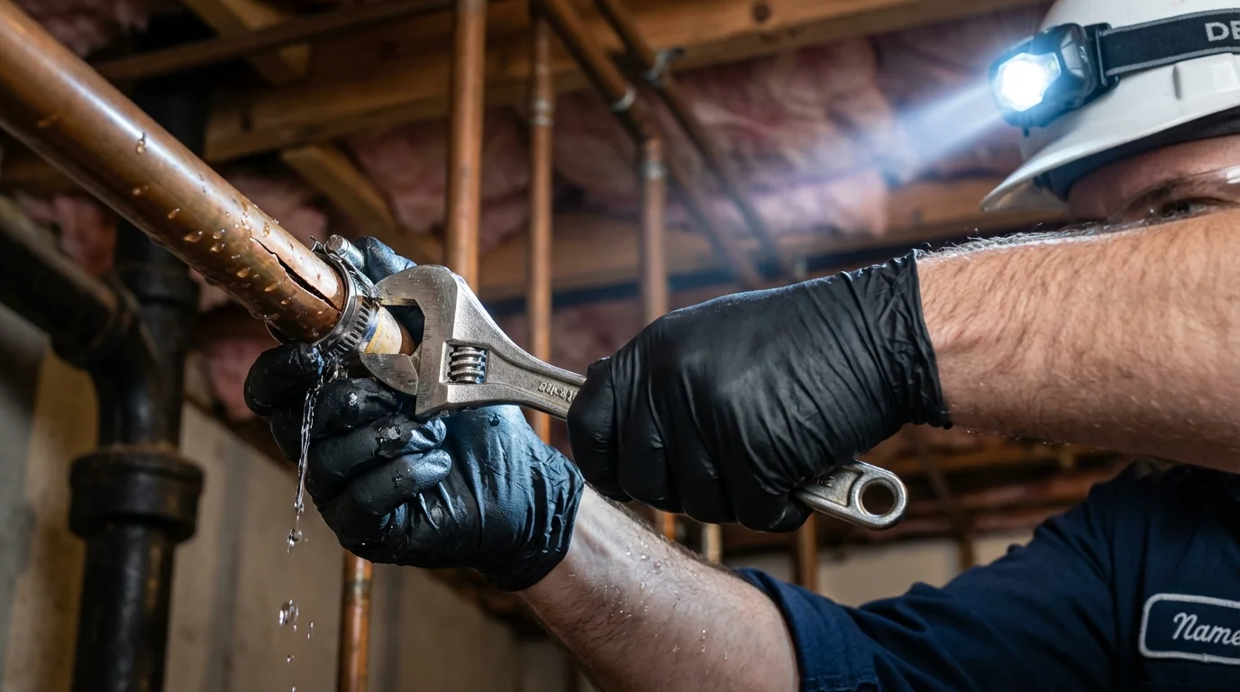 Emergency pipe clamp repair being performed by a Johns Plumbing LLC plumber in Lee