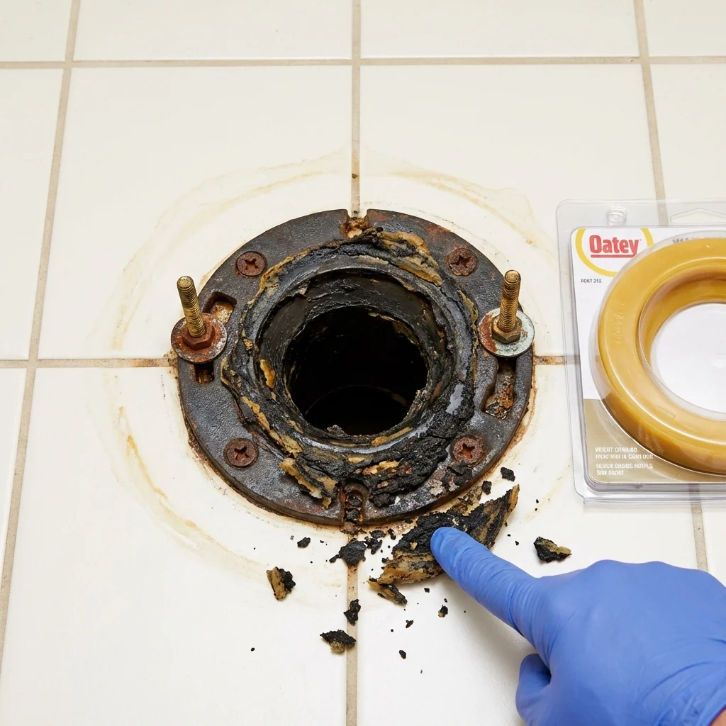 Failed wax ring showing water seepage at the base of a toilet in a Lee, MA home