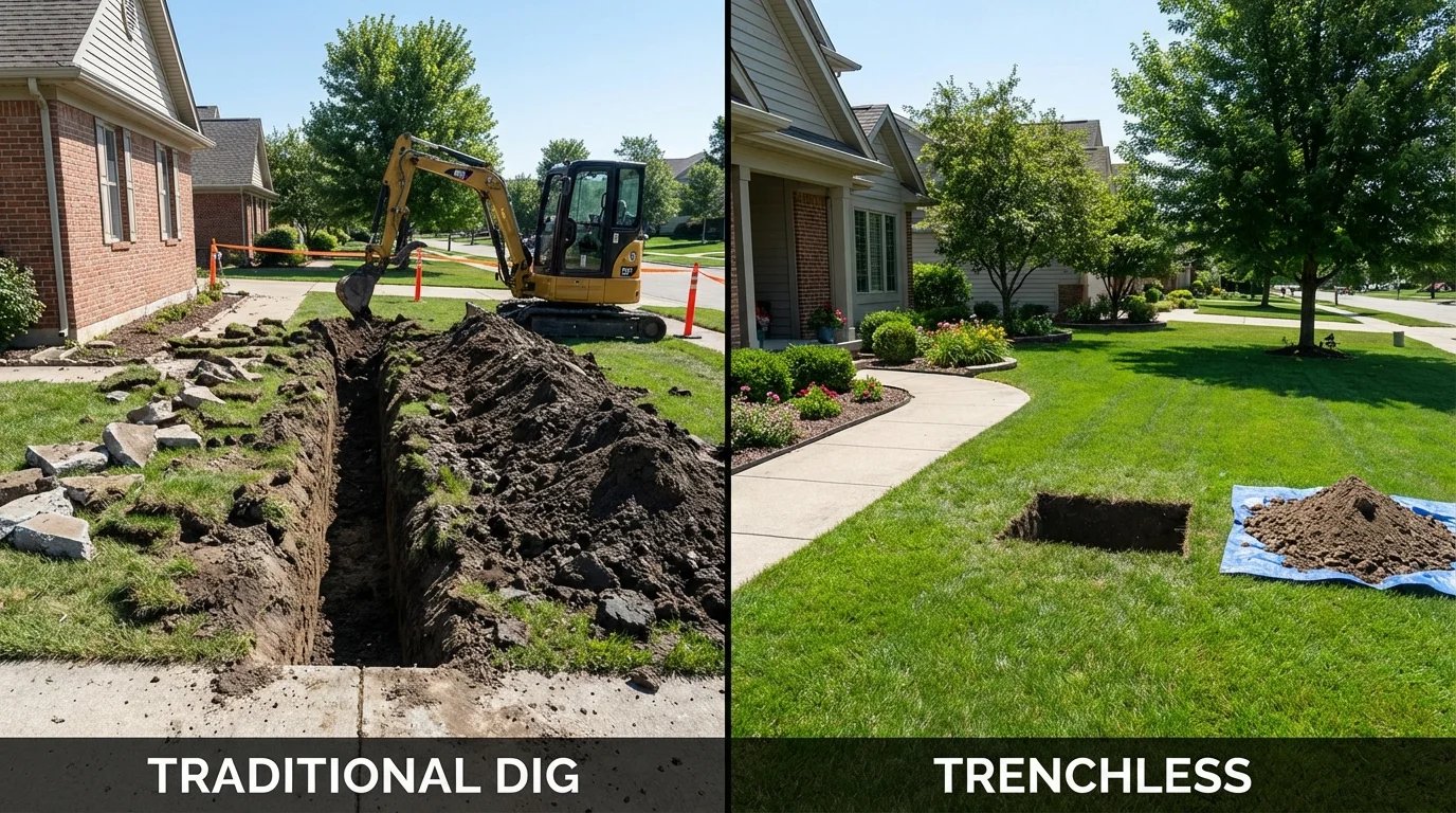 Trenchless sewer repair with minimal yard damage versus traditional excavation in Lee, MA