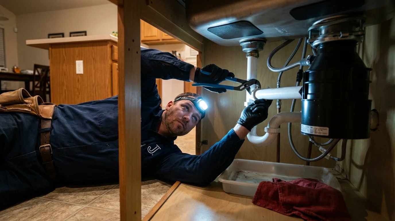 P-trap and supply line connections under a kitchen sink showing a common leak point in Lee, MA